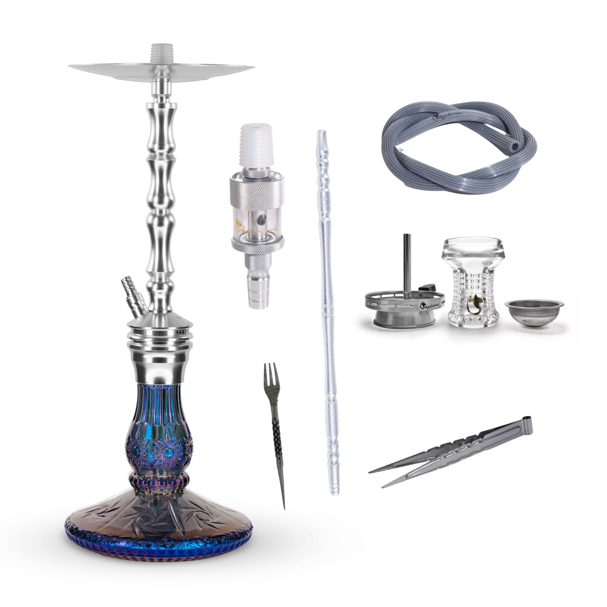 Dschinni Shisha Roxx Edelstahl kristall Glas Shisha Transparent Bowl Molassefänger, Gabel, Mundstück, Zange, glaskopf, Kaminaufsatz Schlauch Set Purple Rain