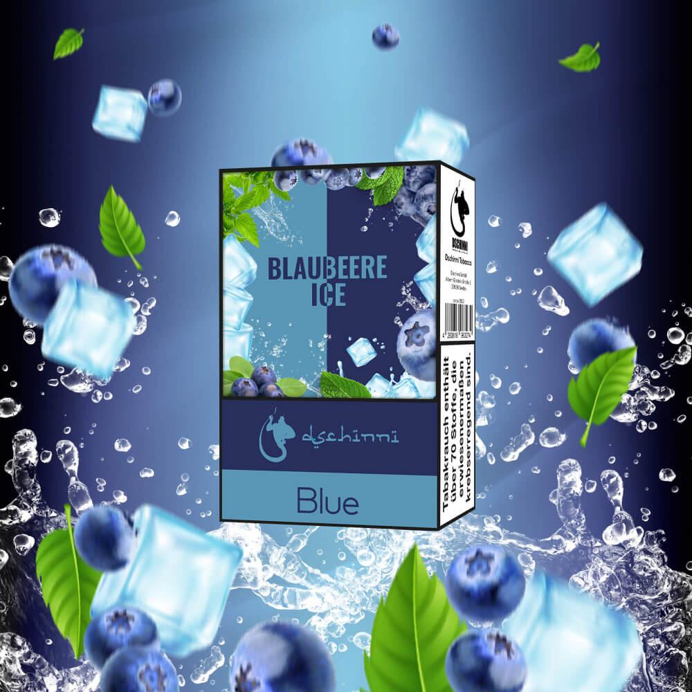 Shisha Tabak 25g Blue Blaubeere Ice Verpackung umgeben von Blaubeeren und Eiswürfeln