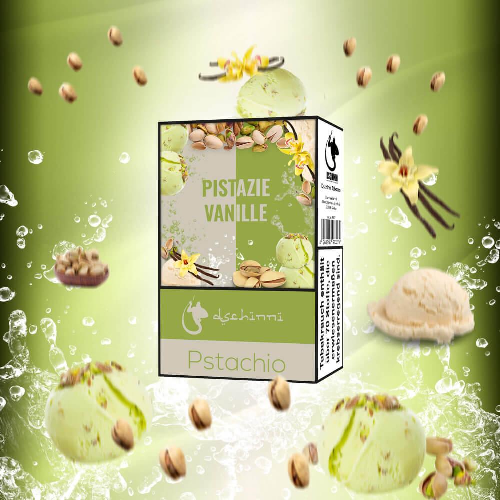 Shisha Tabak 25g Pistachio Pistazie Vanille Verpackung umgeben von Pistazien und Vanille