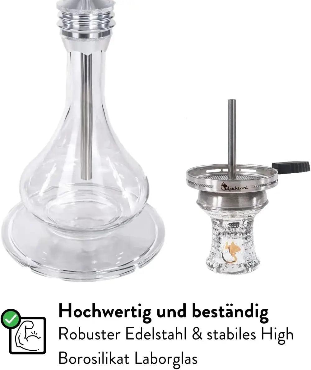 Dschinni Foxx Silber Glasbowl und Glaskopf mit Vulcan Air. Beschreibung: Hochwertig und beständig dank robustem Edelstahl und stabilem High Borosilikat Laborglas
