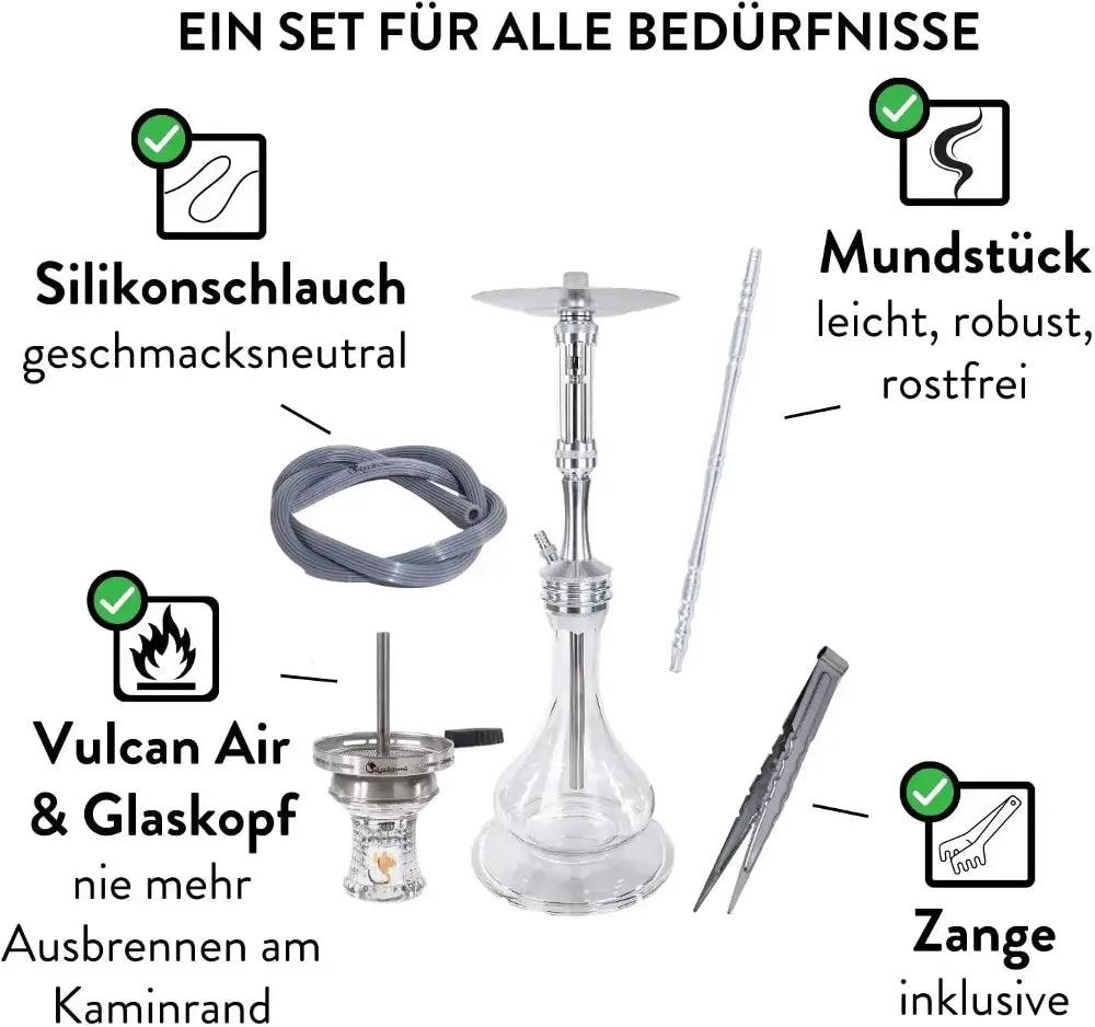 Dschinni Foxx Silber Shisha mit Silikonschlauch, Mundstück, Glaskopf mit Vulcan Air und Zange. Beschreibung: Silikonschlauch ist geschmacksneutral. Mundstück ist leicht, robust und rostfrei. Nie mehr Ausbrennen am Kaminrand, dank Vulcan Air und Glaskopf. Zange inklusive.