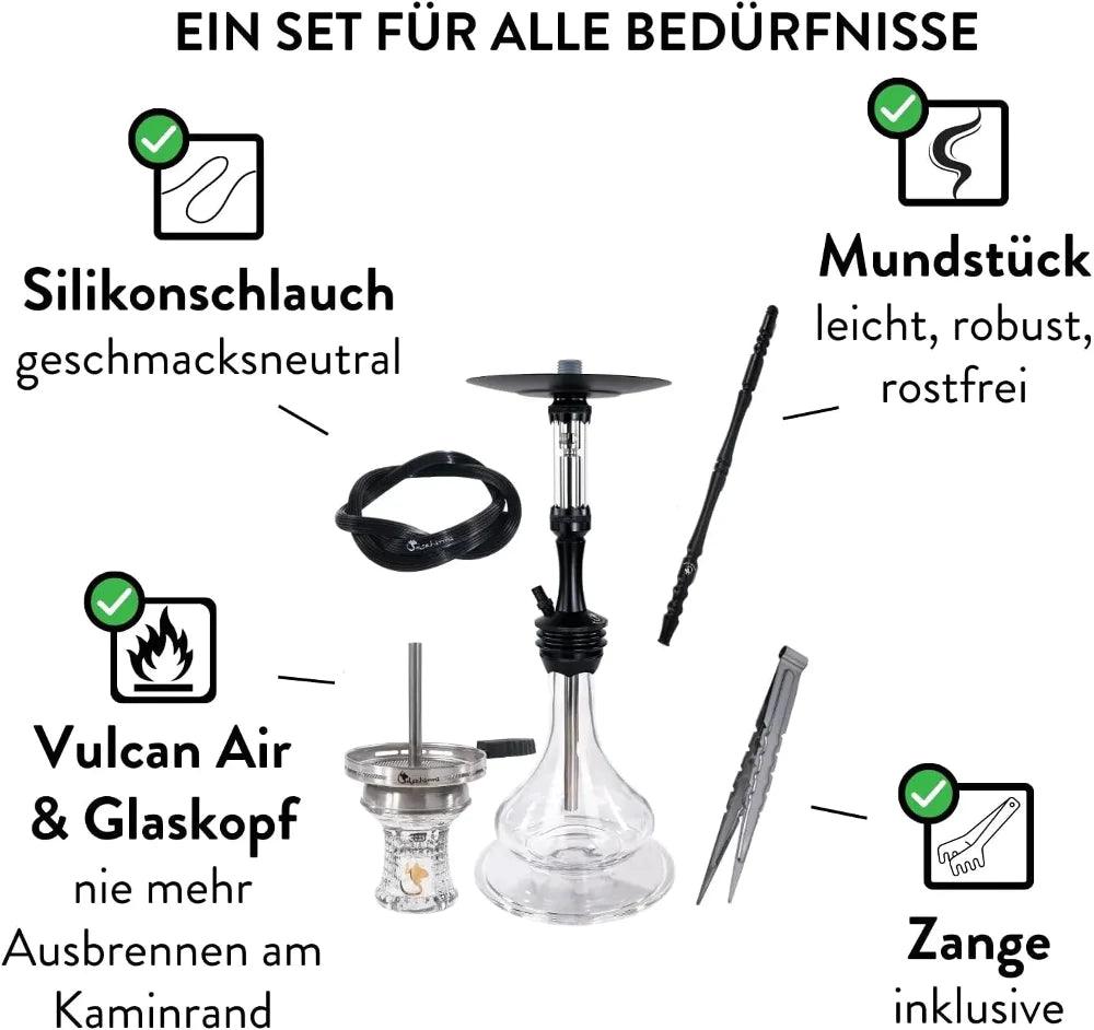 Dschinni Foxx Shisha mit Silikonschlauch, Mundstück, Glaskopf mit Vulcan Air und Zange. Beschreibung: Silikonschlauch ist geschmacksneutral. Mundstück ist leicht, robust und rostfrei. Nie mehr Ausbrennen am Kaminrand, dank Vulcan Air und Glaskopf. Zange inklusive.