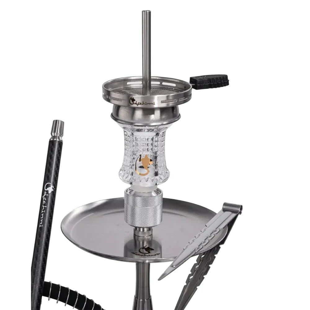 Dschinni Sparrow Silber Kohleteller mit Glaskopf und Vulcan Air Kaminaufsatz, mit Kohlezange und Mundstück
