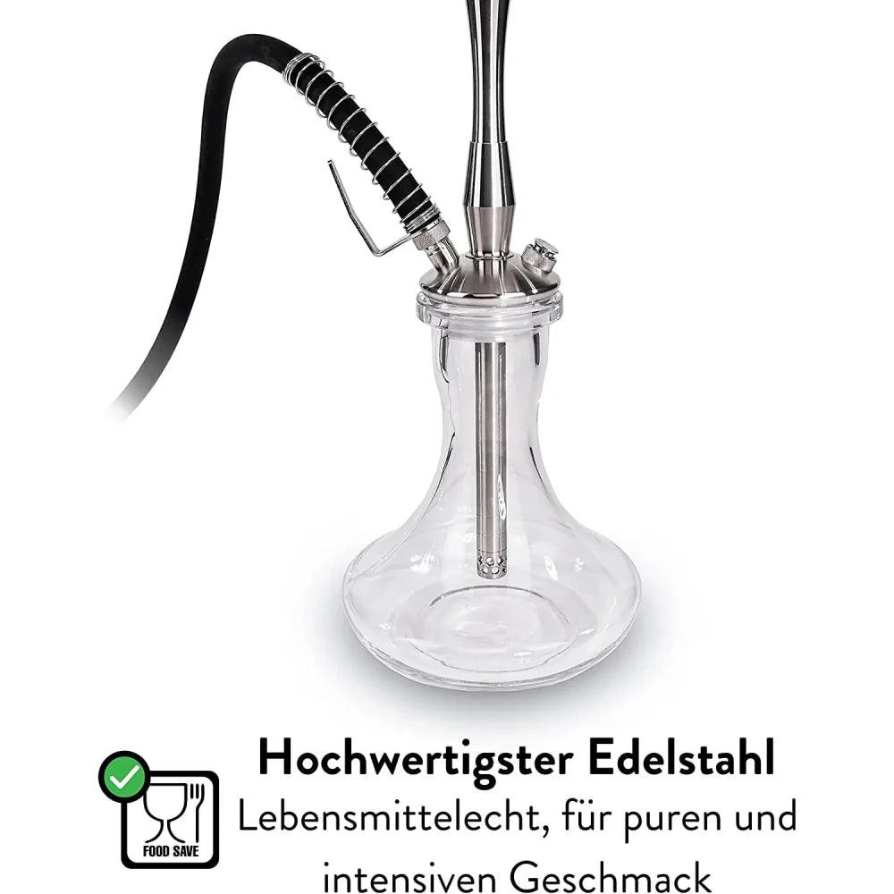 Dschinni Sparrow Silber Shisha. Beschreibung: Bowl aus Glas mit Tauchrohr und mit Base und Schlauchanschluss