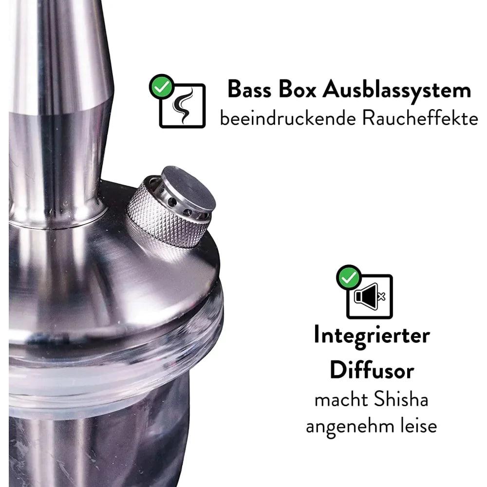 Dschinni Sparrow Silber Shisha Base. Beschreibung: Bass Box Ausblassystem - beeindruckende Raucheffekte. Integrierter Diffusor - macht Shisha angenehm leise