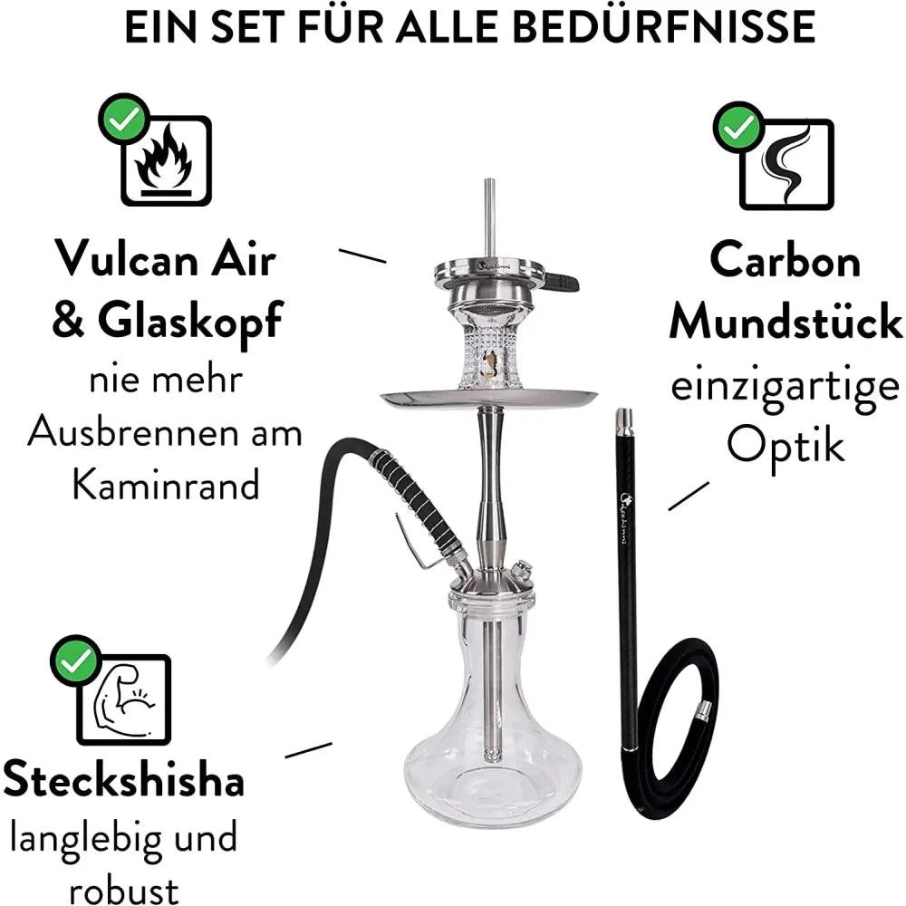 Dschinni Sparrow Silber Shisha mit Carbon Mundstück, Glaskopf mit Vulcan Air. Beschreibung: Carbon Mundstück - einzigartige Optik. Nie mehr Ausbrennen am Kaminrand, dank Vulcan Air und Glaskopf. Diese Steckshisha ist langlebig und robust.