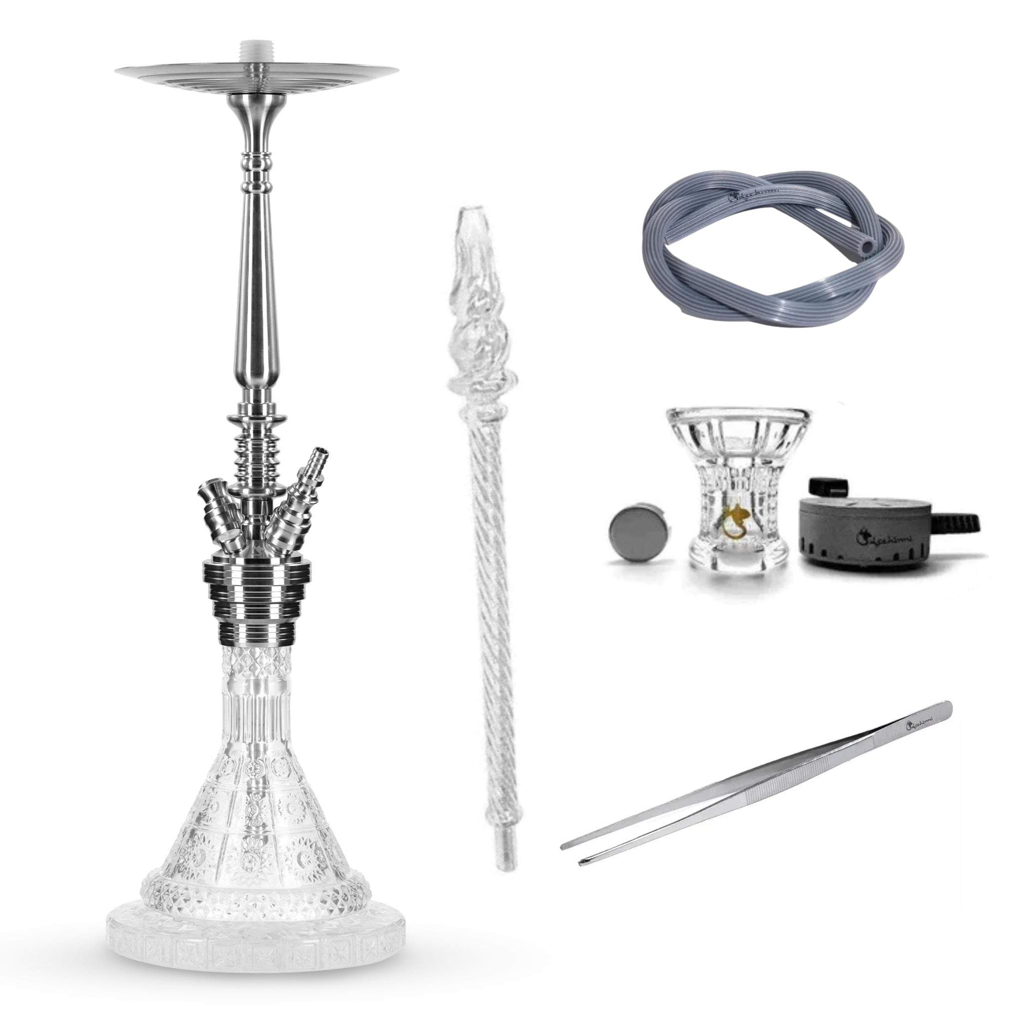 Dschinni Aztec Glas Shisha mit HMD The Crown, Glaskopf Apollon mit Mod, Candyhose Silikonschlauch Silber, Glas Mundstück und Edelstahlzange