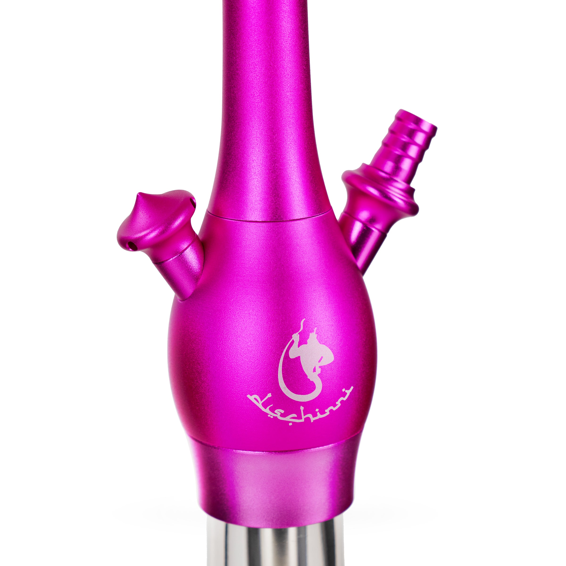 Dschinni Chucky Clear Pink Shisha auf weißem Hintergrund Base und Schlauchadapter