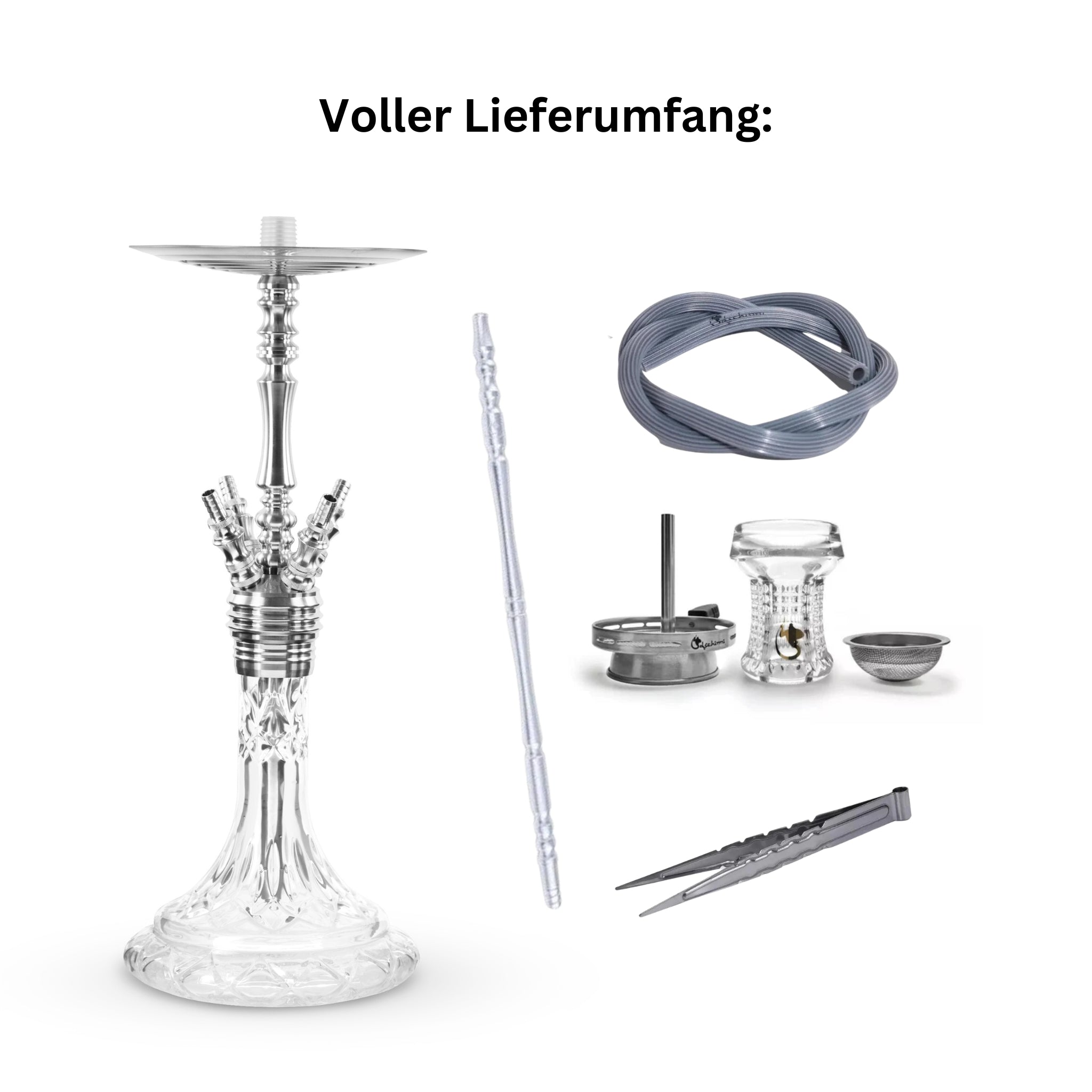 Mio 2.0 Dschinni V4A Edelstahl Shisha Wasserpfeife Lieferumfang Zubehör Schlauch, Mundstück, Zange, kaminaufsatz, Kopf