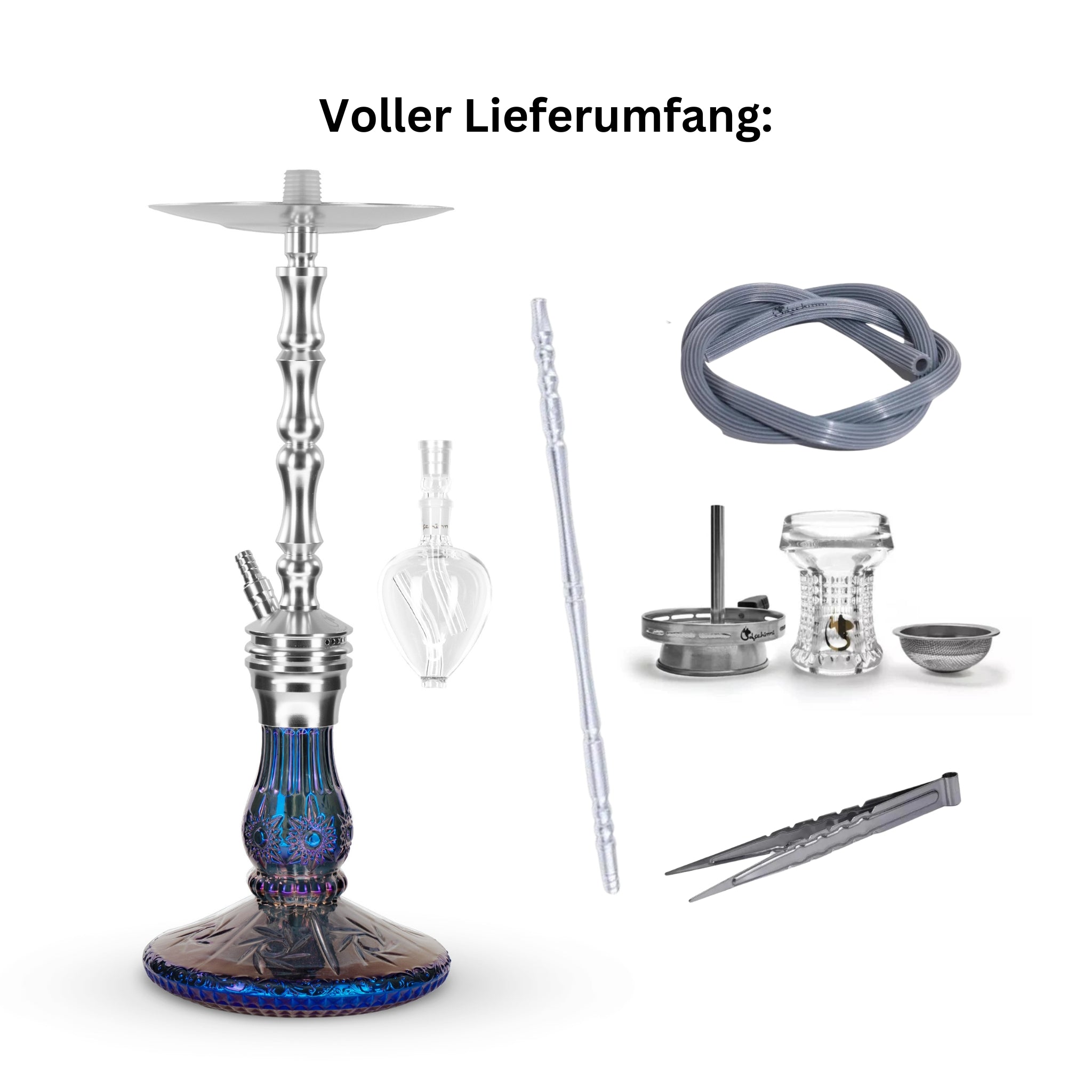 Dschinni Shisha Roxx Molassefänger Set Purple Rain Bowl kristall Glas Voller Lieferumfang Schlauch Mundstück Kaminaufsatz Kopf zange Seflex