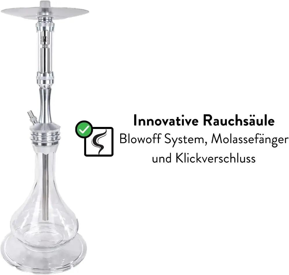 Dschinni Foxx Silber Shisha. Beschreibung: Innovative Rauchsäule - Blowoff System, Molassefänger und Klickverschluss